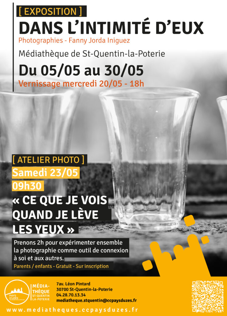 Affiche de l’exposition « Dans l’intimité d’eux » et de l’atelier «  ce que je vois quand je lève les yeux », en mai 2026